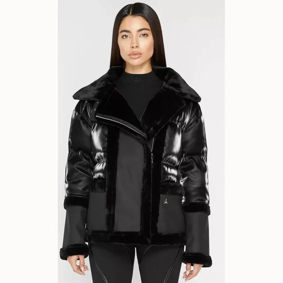 💥HOT ITEM💥Leather Plush Belted Moto Puffer Jacket in Black